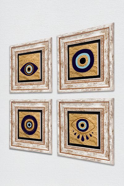 Pinecone Evil Eye Stone Wall Painting Framed Wall Decor 4 Piece Painting Set Wall Art Tk4-1065