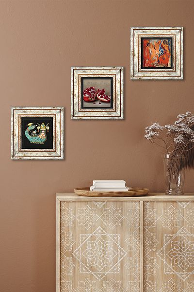Pinecone Picasso Girls of Avignon, Shahmeran, Pomegranate Stone Wall Painting Framed Wall Decor Set of 3