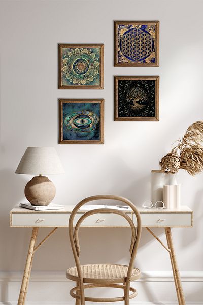 Pinecone Mandala, Evil Eye, Flower of Life, Tree of Life Stone Wall Painting Wooden Framed Wall Decoration 4 Piece Painting