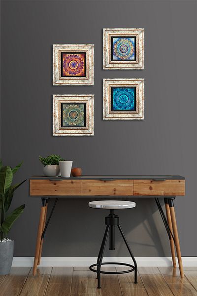 Pinecone Pictură pe perete cu piatră Mandala Decor de perete înrămat Set de pictură 4 piese Artă de perete TK4-1096