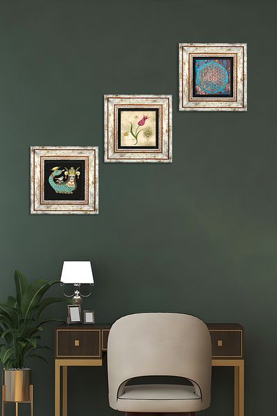 Pinecone Flower of Life, Tulip Marbling Art, Shahmeran Stone Wall Painting Framed Wall Decor Set of 3 Tk3-659