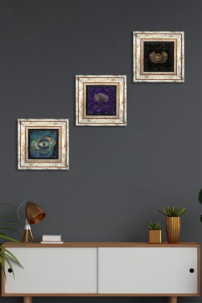 Pinecone Tree of Life, Evil Eye, Eye of Horus Stone Wall Painting Framed Wall Decor Set of 3 Paintings