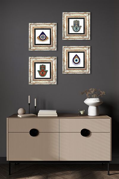 Pinecone Evil Eye, Fatma Mother Hand (Hamsa) Stone Wall Painting Framed Wall Decor 4 Piece Painting Set Tk4-1467