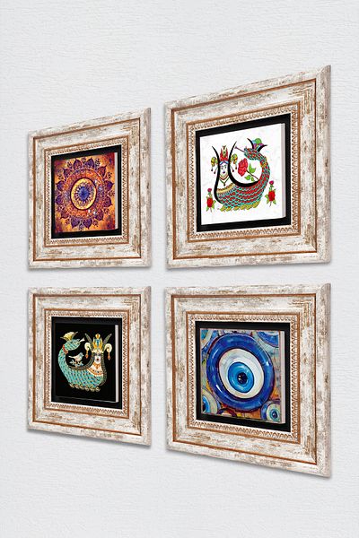 Pinecone Evil Eye, Mandala, Shahmeran Stone Wall Painting Framed Wall Decor 4 Piece Painting Set Tk4-1543