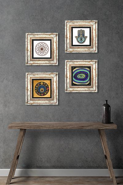 Pinecone Floarea vieții, ochiul rău, mână Fatma (Hamsa) Pictură pe perete cu piatră, set de 4 decorațiuni de perete TK4-1033