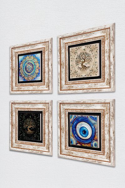 Pinecone Evil Eye, Mandala, Tree of Life Stone Wall Painting Framed Wall Decor 4 Piece Painting Set Tk4-1577