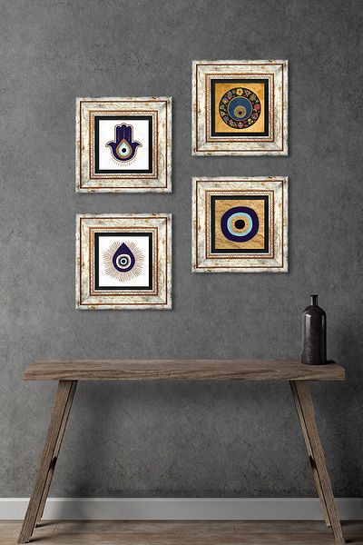 Pinecone Fatma Ana Hand (Hamsa), Pictură pe perete cu piatră Nazar Decor de perete înrămat Set de pictură 4 piese TK4-1849