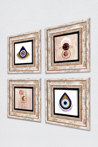 Pinecone Evil Eye, Pictură minimalistă abstractă pe perete cu piatră, decor de perete înrămat, set de pictură din 4 piese TK4-1473