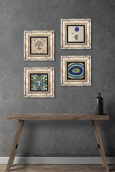Pinecone Evil Eye, Marbling Art, Tree of Life Stone Wall Painting Framed Wall Decor 4 Piece Painting Set Tk4-1032