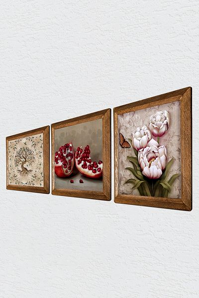 Pinecone Butterfly Flower, Tree of Life, Pomegranate Stone Wall Art Wall Decor Painting Set with Wooden Frame W3-900