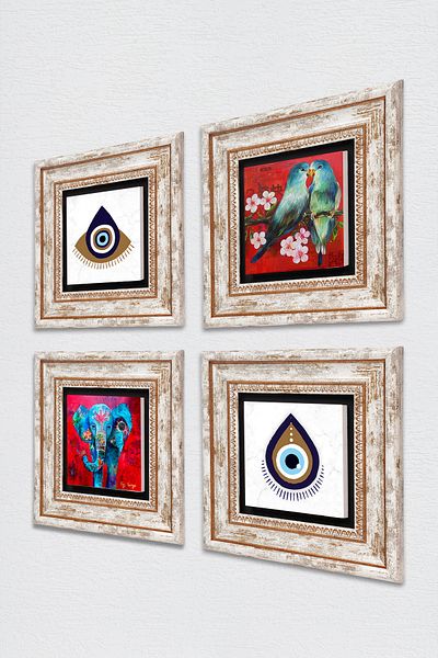 Pinecone Evil Eye, Elephant, Bird Stone Wall Painting Framed Wall Decor 4 Piece Painting Set Wall Art