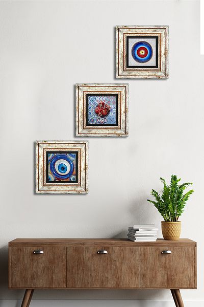 Pinecone Evil Eye, Pomegranate Stone Wall Painting Framed Wall Decor 3 Piece Painting Set Wall Art Tk3-1960