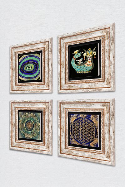 Pinecone Mandala, Evil Eye, Flower of Life, Shahmeran Stone Wall Painting Framed Wall Decor 4 Piece Set Tk4-780