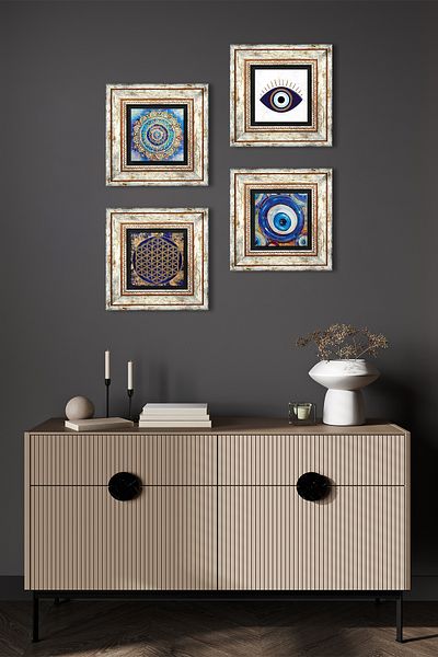 Pinecone Evil Eye, Mandala, Flower of Life Stone Wall Painting Framed Wall Decor 4 Piece Painting Set Tk4-1622