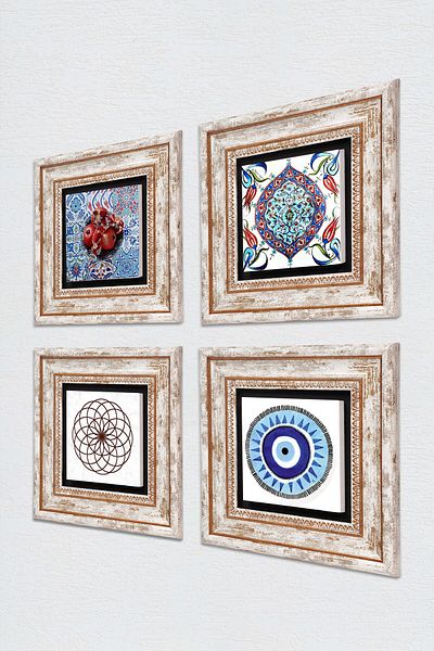 Pinecone Evil Eye, Flower of Life, Tile Art, Pomegranate Stone Wall Painting Framed Wall Decor 4 Piece Set