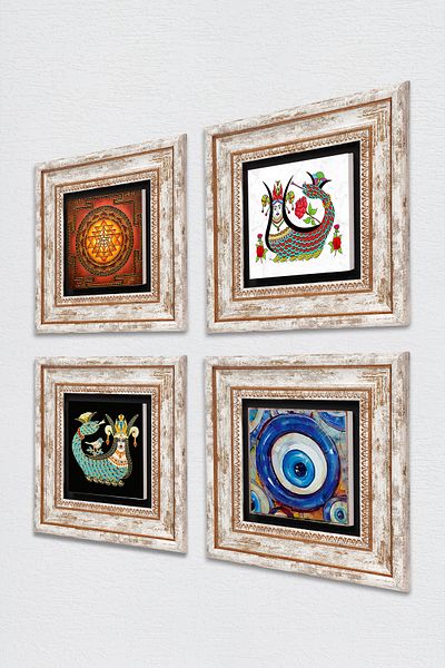 Pinecone Evil Eye, Sri Yantra, Shahmeran Stone Wall Painting Framed Wall Decor 4 Piece Painting Set Tk4-1522