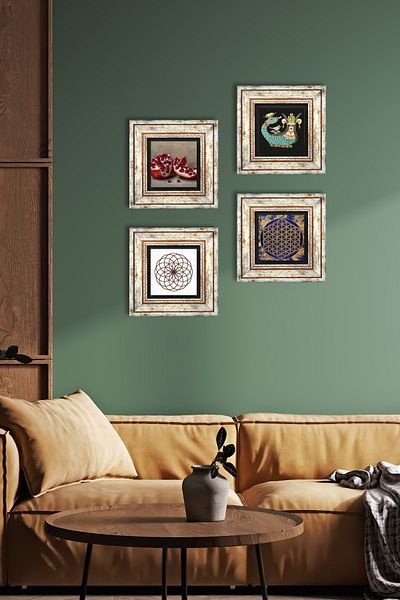 Pinecone Floarea vieții, Şahmeran, Pictură pe perete din piatră de rodie Decor de perete înrămat Set de pictură 4 piese TK4-771