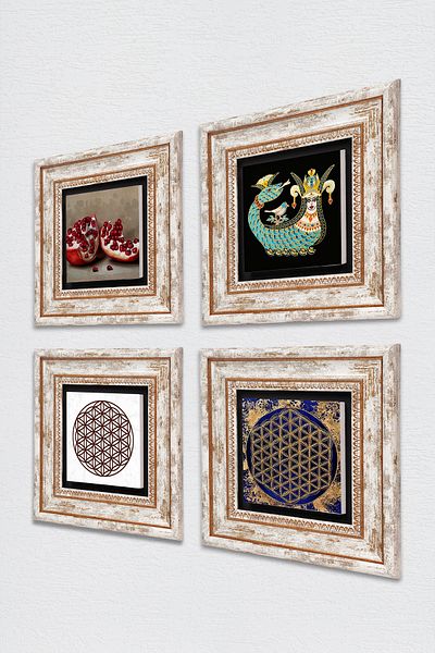 Pinecone Floarea vieții, Şahmeran, Pictură pe perete din piatră de rodie Decor de perete înrămat Set de pictură 4 piese TK4-770