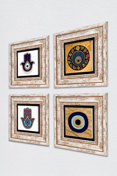Pinecone Fatma Mother Hand (Hamsa), Nazar Stone Wall Painting Framed Wall Decor 4 Piece Painting Set Tk4-1816