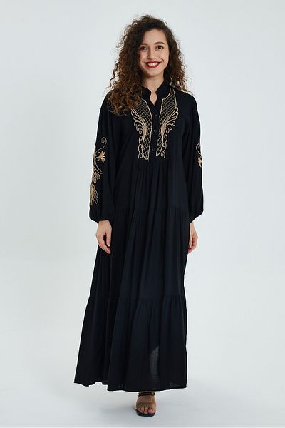 AYASOFYA OTANTIK Rochie de damă, broderie din folie neagră, brodata cu nasturi, guler cu mâneci lungi, etnică, autentică
