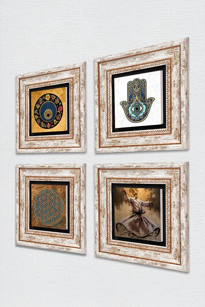 Pinecone Flower of Life, Whirling Dervish, Evil Eye, Hand of Mother Fatima (Hamsa) Stone Wall Painting Framed Wall Decor 4 Pieces
