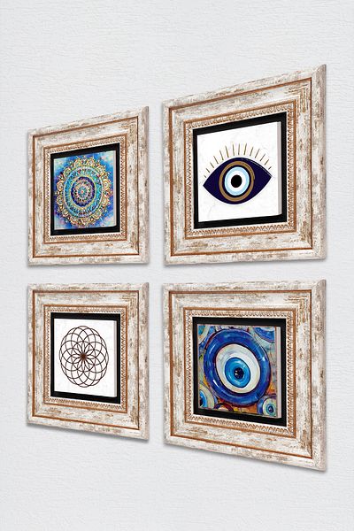 Pinecone Evil Eye, Mandala, Flower of Life Stone Wall Painting Framed Wall Decor 4 Piece Painting Set Tk4-1618