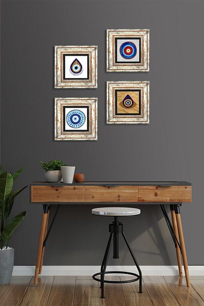 Pinecone Evil Eye Stone Wall Painting Framed Wall Decor 4 Piece Painting Set Wall Art Tk4-1465