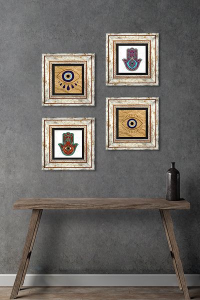 Pinecone Evil Eye, Fatma Mother Hand (Hamsa) Stone Wall Painting Framed Wall Decor 4 Piece Painting Set Tk4-1484