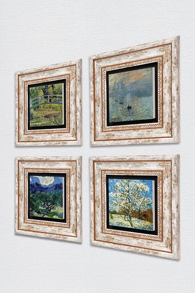 Pinecone Van Gogh, Claude Monet Pictură pe perete de piatră Decor de perete înrămat Set de pictură 4 piese Artă de perete TK4-1190