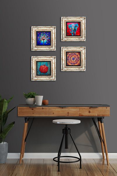 Pinecone Mandala, Elephant, Tree of Life, Pomegranate Stone Wall Painting Framed Wall Decor 4 Piece Painting Set Tk4-868