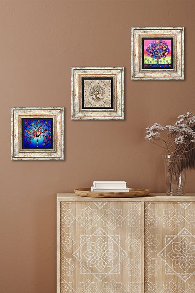 Pinecone Tree of Life Stone Wall Painting Framed Wall Decor 3 Piece Painting Set Wall Art Tk3-162