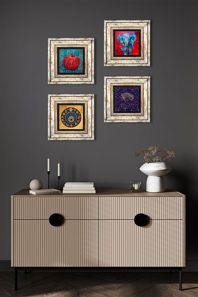 Pinecone Tree of Life, Elephant, Evil Eye, Pomegranate Stone Wall Painting Framed Wall Decor 4 Piece Painting Set Tk4-1269