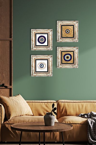 Pinecone Evil Eye Stone Wall Painting Framed Wall Decor 4 Piece Painting Set Wall Art Tk4-1077