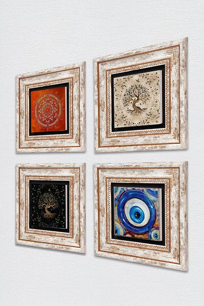 Pinecone Evil Eye, Mandala, Tree of Life Stone Wall Painting Framed Wall Decor 4 Piece Table Set TK4-1561