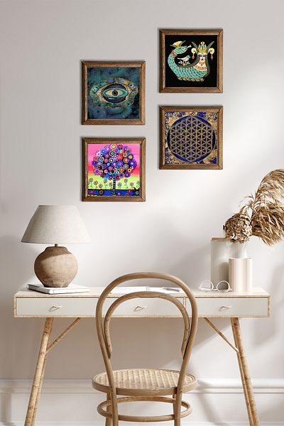 Pinecone Evil Eye, Flower of Life, Tree of Life, Shahmeran Stone Wall Painting Wooden Framed Wall Decoration 4 Piece Painting