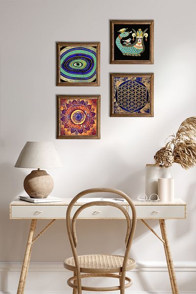 Pinecone Mandala, Evil Eye, Flower of Life, Shahmeran Stone Wall Painting with Wooden Frame Wall Decor Painting W4-779