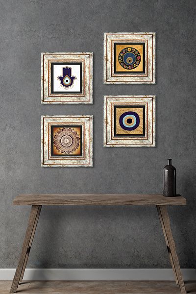 Pinecone Fatma Mother Hand (Hamsa), Mandala, Evil Eye Stone Wall Painting Framed Wall Decor 4 Piece Set Tk4-1843