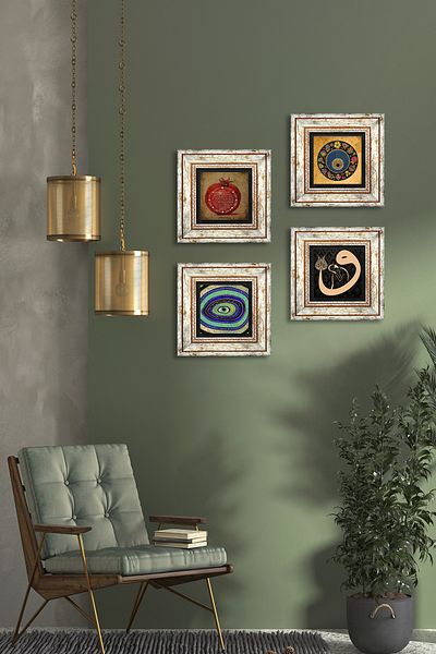 Pinecone Vav, Nazar, Prayer for Fertility Stone Wall Painting Framed Wall Decor 4 Piece Painting Set Tk4-230