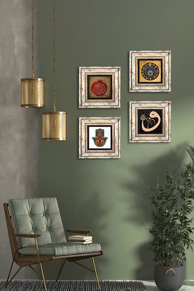 Pinecone Fatma Mother Hand (Hamsa), Vav, Evil Eye, Prayer of Fertility Stone Wall Painting Framed Wall Decor Tk4-228