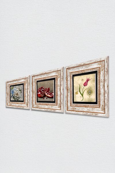 Pinecone Tulip Marbling Art, Butterfly Flower, Pomegranate Stone Wall Painting Framed Wall Decor 3 Piece Set Tk3-1157