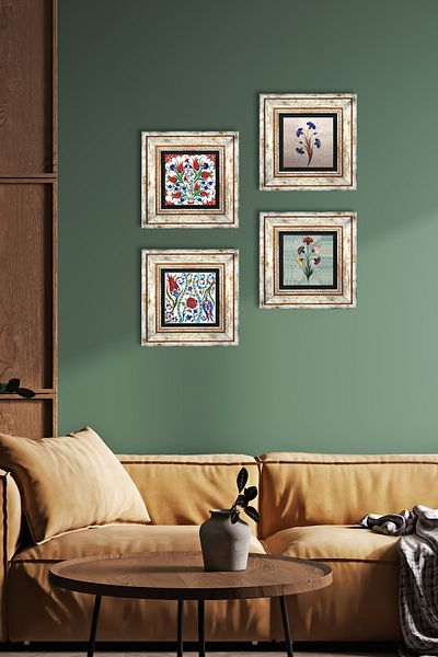 Pinecone Ebru Art, Tulip Stone Wall Painting Πλαίσιο Διακόσμηση τοίχου 4 τεμαχίων Σετ ζωγραφικής Wall Art TK4-703