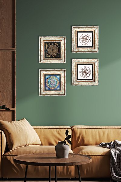 Pinecone Mandala, Flower of Life, Sri Yantra Stone Wall Painting Framed Wall Decor 4-Piece Painting Set TK4-714