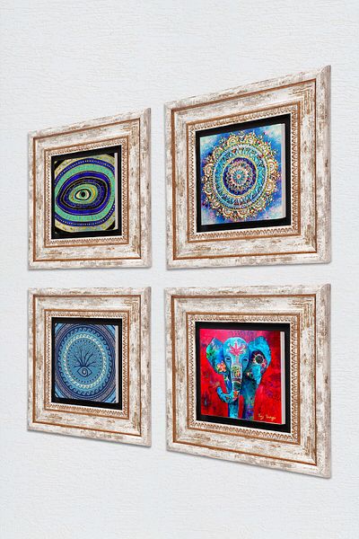 Pinecone Mandala, Elephant, Evil Eye Stone Wall Painting Framed Wall Decor 4 Piece Painting Set Wall Art