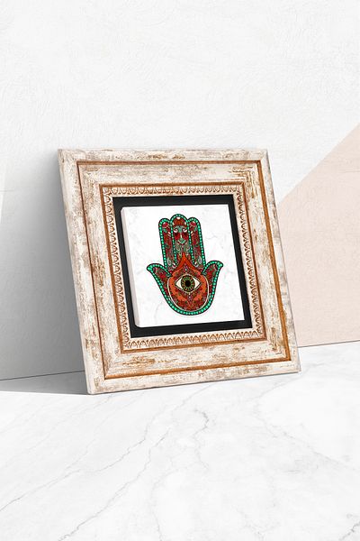 Pinecone Fatma Mother Hand (Hamsa) Stone Wall Painting Framed Wall Decor Wall Art Tk1-144
