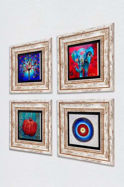 Pinecone Evil Eye, Elephant, Tree of Life, Pomegranate Stone Wall Painting Framed Wall Decor 4 Piece Painting Set Tk4-871