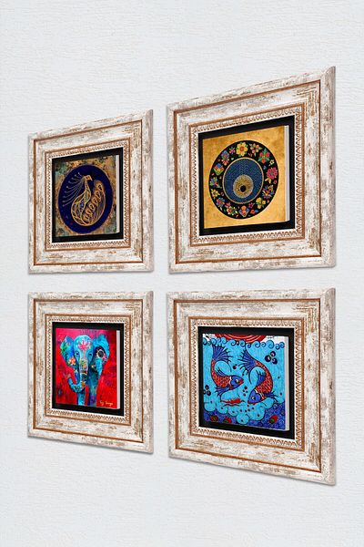 Pinecone Elephant, Peacock, Tile Art Fish, Evil Eye Stone Wall Painting Framed Wall Decor Set of 4 Wall Art