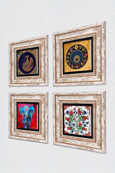 Pinecone Elephant, Peacock, Tulip, Evil Eye Stone Wall Painting Framed Wall Decor 4 Piece Painting Set Tk4-329