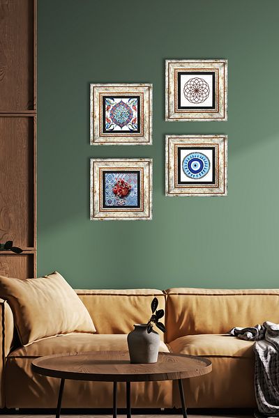 Pinecone Evil Eye, Flower of Life, Tile Art, Pomegranate Stone Wall Painting Framed Wall Decor 4 Piece Set