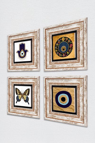 Pinecone Fatma Mother Hand (Hamsa), Butterfly, Evil Eye Stone Wall Painting Framed Wall Decor 4 Piece Set Tk4-1840