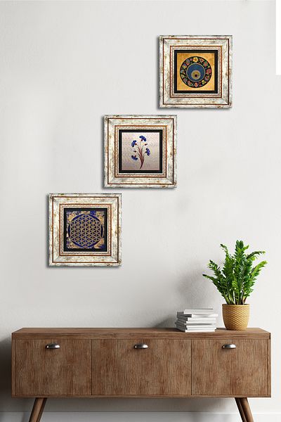 Pinecone Marbling Art, Flower of Life, Evil Eye Stone Wall Painting Framed Wall Decor Set of 3 Paintings Tk3-377